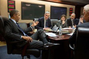 Obama meets with members of his national security team following the Boston Marathon bombings investigation. Pictured, from left, are: FBI Director Robert Mueller; Lisa Monaco, Assistant to the President for Homeland Security and Counterterrorism; Attorney General Eric Holder; Deputy National Security Advisor Tony Blinken; and Vice President Joe Biden.